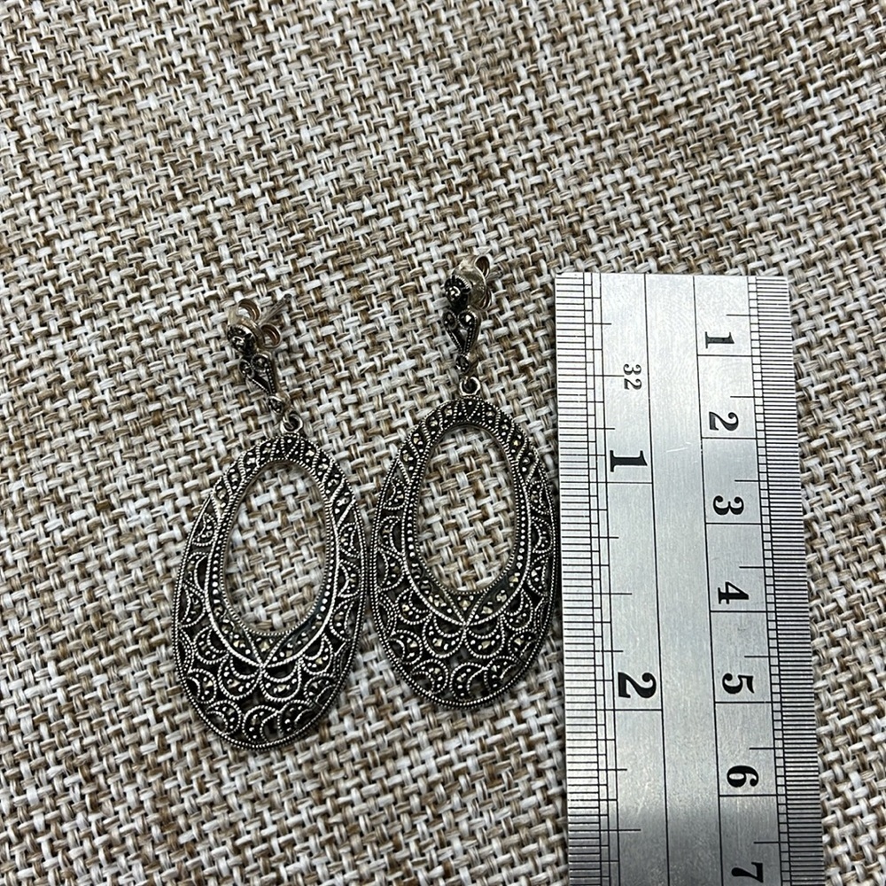Vintage Suspicion 925 Sterling Silver Marcasite Filigree Drop Earrings - Picture 4 of 11